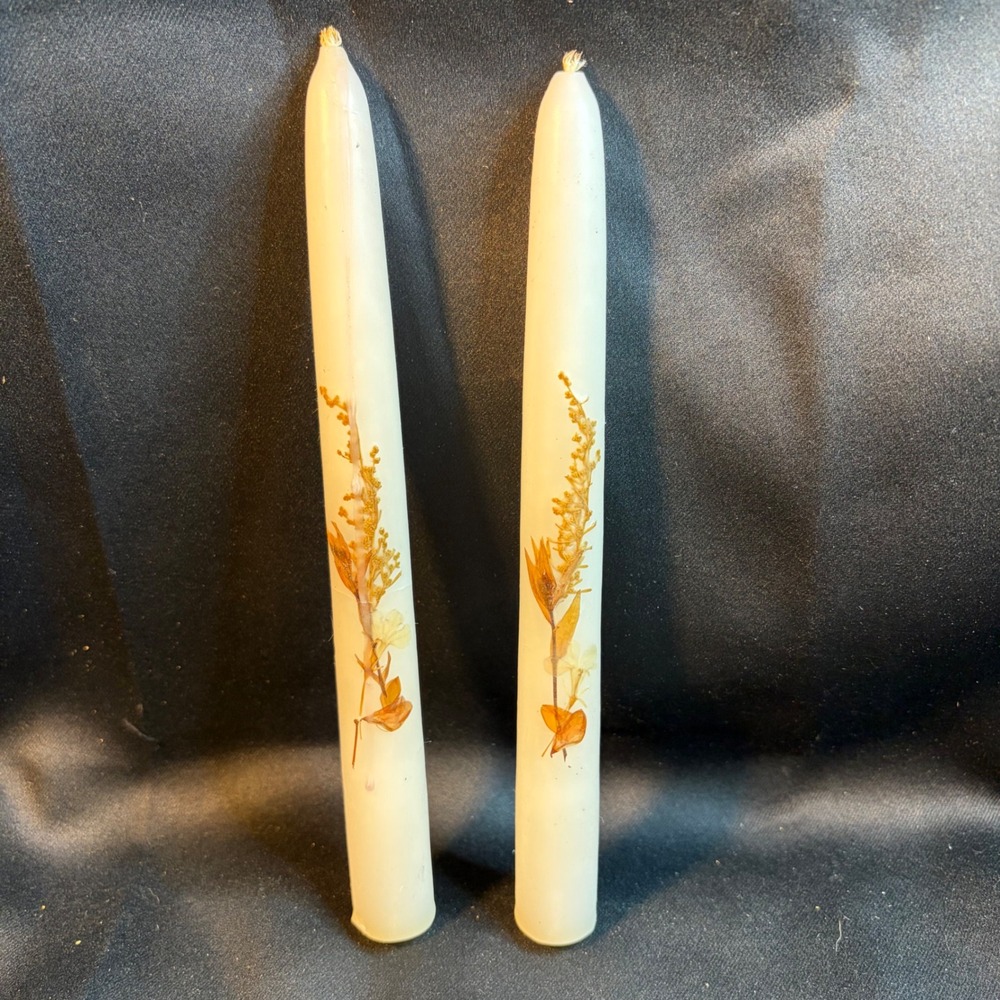 Vintage Pressed Flower Taper Candles Wax Pair 8 Inch Dried Botanical Folk Art